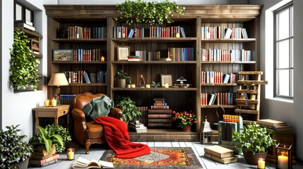 living room with a bookcase and a chair with a blanket