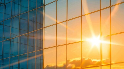 Golden sunset reflecting on modern glass building facade