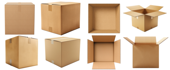 Set of different cardboard boxes on transparent background cutout, PNG file mockup template for artwork design.