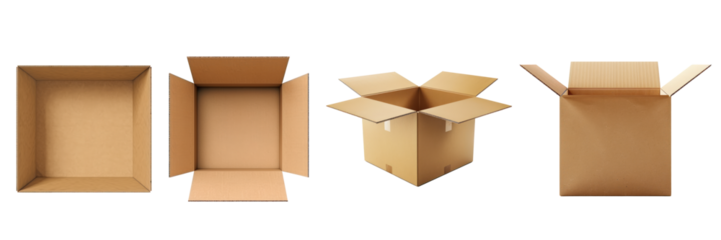 Set of different cardboard boxes on transparent background cutout, PNG file mockup template for artwork design.