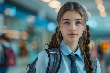 Portrait of a European schoolgirl in a school uniform with a backpack against the background of a blurred modern classroom