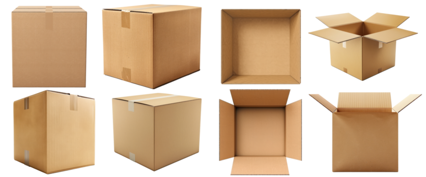 Set of different cardboard boxes on transparent background cutout, PNG file mockup template for artwork design.