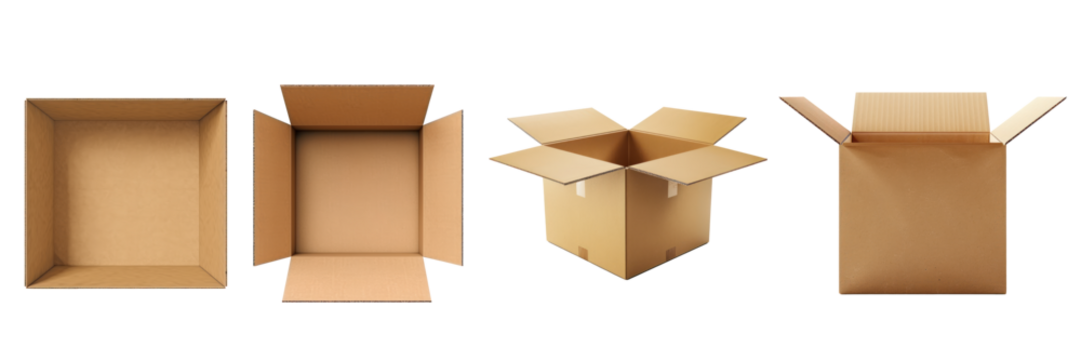 Set of different cardboard boxes on transparent background cutout, PNG file mockup template for artwork design.