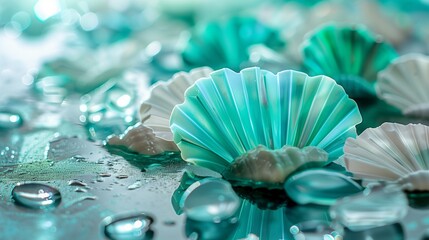 Obraz premium Elegant summer collection with teal scallops on a glass surface, ideal for copy space for text