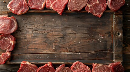 Frame of cut raw beef steaks arranged around rustic wooden board, ready for cooking. Quality marbled steaks with fat