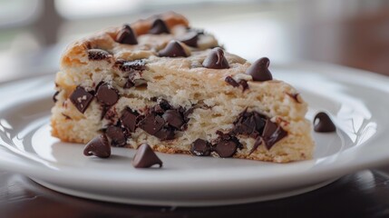 Chocolate chip scone in close up view on a white plate