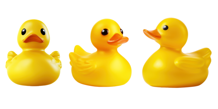 set of yellow rubber duck on transparent background cutout, PNG file. Mockup template for artwork design.
