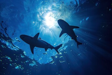 silhouette of two sharks swimming taken from below