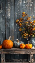 Pumpkins and gourds arranged on a rustic wooden table, symbolizing the fall harvest.