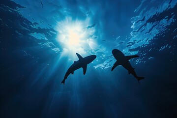 silhouette of two sharks swimming taken from below