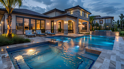 Luxury Poolside Terrace with pool, hot tub,  outdoor kitchen, plush loungers, and elegant lighting