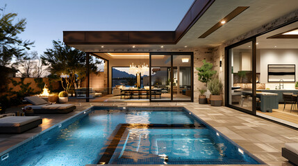 Luxury Poolside Terrace with pool, hot tub,  outdoor kitchen, plush loungers, and elegant lighting