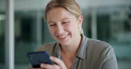 Business woman, smile and phone in office with message, texting and social media for company....