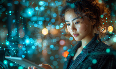 Young Professional Woman Using Digital Tablet for Crowdfunding in Modern Setting at Night with Futuristic Technology and Network Diagrams
