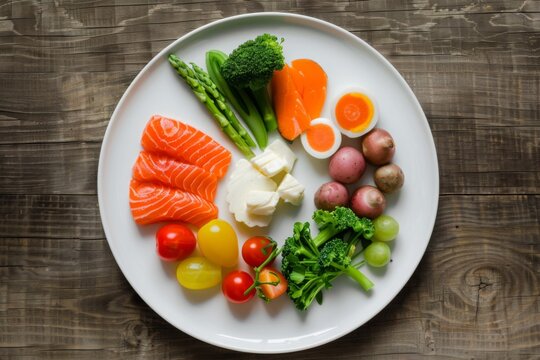 Plate of food that includes salmon, broccoli, tomatoes, eggs, atkins diet plate, food background