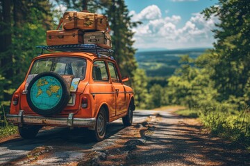 Fototapeta premium Summer road trip: A car packed with suitcases, a map, and travel essentials, parked by a scenic route. 