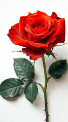 Elegant Red Rose with Green Leaves Isolated on White Background, Perfect for Romantic and Nature Themes, Close-up Floral Photography