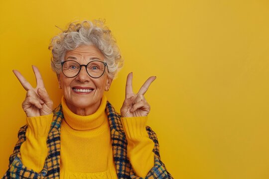 Happy senior woman in glasses, wearing yellow, making peace sign with both hands, bright background

