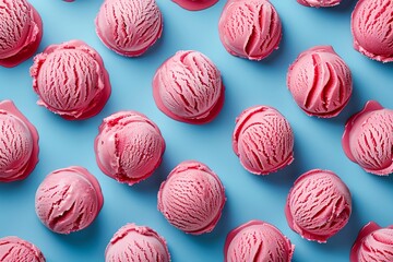 Obraz premium Pattern of pink ice cream scoops, bright blue background, vibrant summer treat