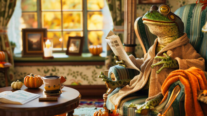 Fototapeta premium Frog reading the newspaper on a cozy fall evening