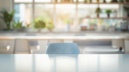 Empty desk in modern office space. Bright and airy office setting featuring an empty desk, perfect for showcasing your products or designs.