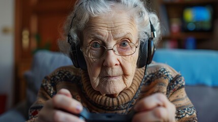 Elderly woman wearing headphones, focused on playing video games, close-up portrait

