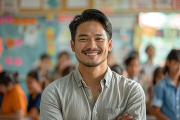 Fototapeta premium young smiling handsome Asian school male teacher with blurred modern classroom with kids in the background 