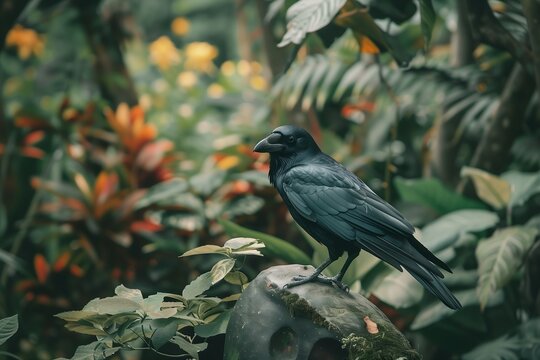 Fototapeta black crow on a exotic flora garden forest