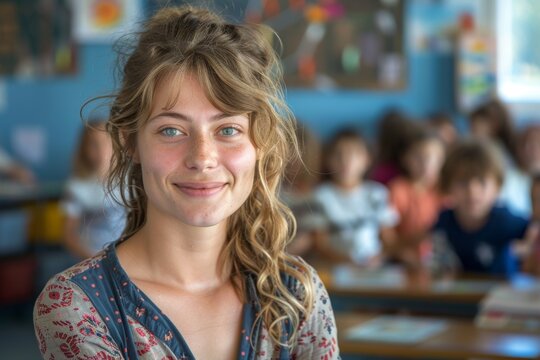 young smiling European school female teacher with blurred modern classroom with kids in the background 