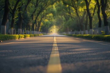 Fototapeta premium asphalt road with a crisp center line flanked by neatly aligned trees on both sides