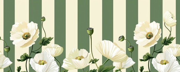 Obraz premium White Poppy Flowers Against Striped Backdrop. Graceful Floral Composition.