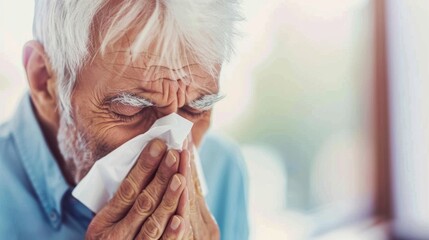 Elderly man sneezing and using tissue to cover his nose
