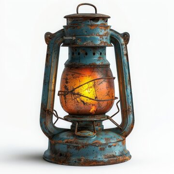 rusty old lantern with a glowing light inside