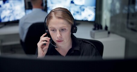 CCTV, headset and security with woman in control room for law enforcement or surveillance. Call,...