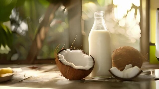 Coconut milk in a bottle, coconuts and a place for text