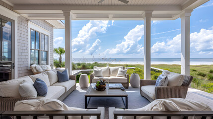 Beach House Wraparound Terrace with weather-resistant furniture, coastal décor, ocean view