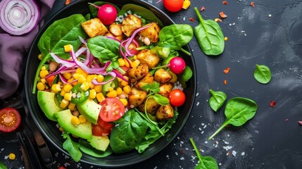 Colorful vegan salad bowl with avocado, chickpeas, and fresh vegetables