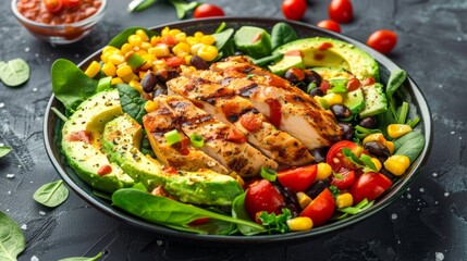 Healthy grilled chicken salad with avocado, beans, and vegetables