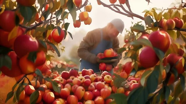 Person in the apple orchard are harvesting