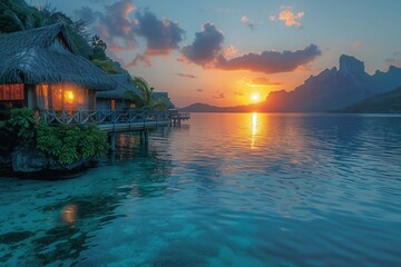 Fototapeta premium Bora Bora Sunset: Mesmerizing Evening Sky Over Tropical Paradise.