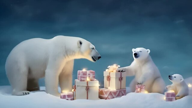 A family of polar bears in the Arctic on an ice floe with gift boxes