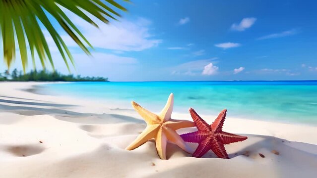 Teo starfish and palm leaves on the sand of the beach