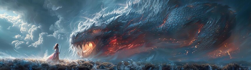 Naklejka premium woman standing in front of a huge, raging mountain