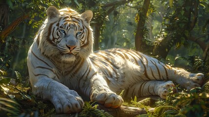 white tiger laying in the jungle with trees in the background