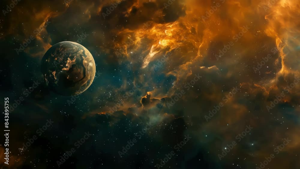Wall mural planet is floating in space with cloudy sky
