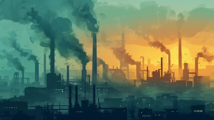 An aerial view of an industrial urban city with large smokestacks emitting thick clouds of air pollution, showing the environmental impact and effects on human health.