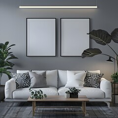 A modern living room with grey walls, a white sofa and two blank poster frames on the wall above it