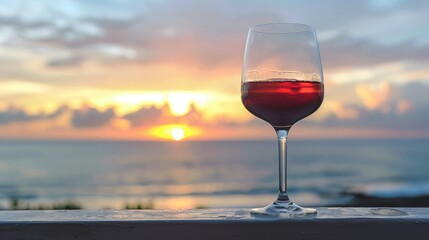 A glass of red wine set against an evening sea horizon