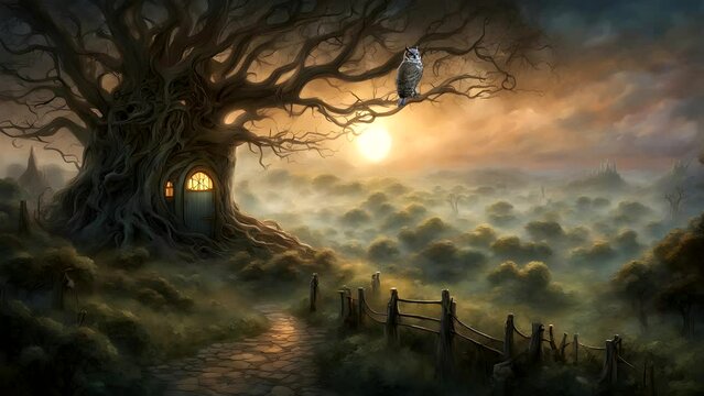 Animated scene of an owl resting on the twisted and gnarled branch of an ancient tree, under the moonlight  Seamless looping 4k time-lapse animation video background