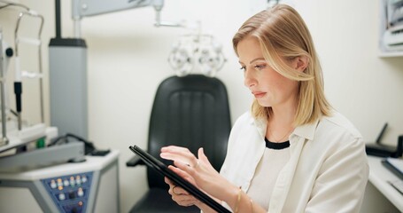 Woman, tablet and clinic for optometry, vision or contact for test, telehealth or stock check on...